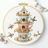 Vintage Teacup Birdhouse Embroidery Kit – Floral Birds DIY Hand Embroidery Hoop Art Set Kits For Stitchers