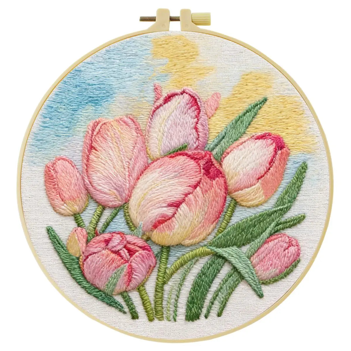 Pink Tulip Flower Embroidery Kit – DIY Floral Hoop Art for Beginners & Garden Lovers