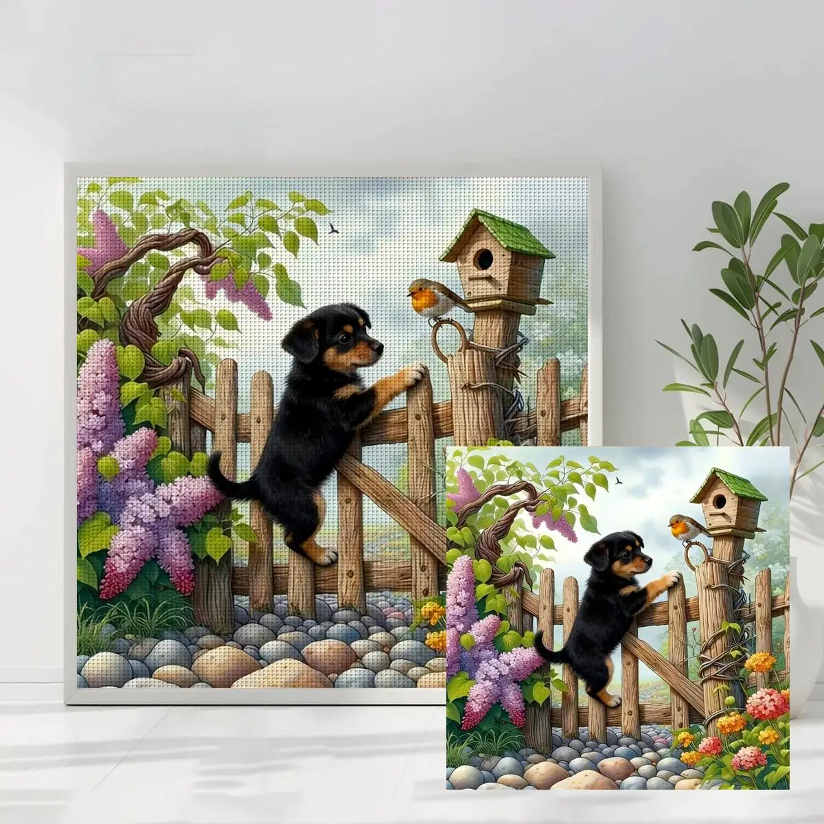 Curious Puppy and Robin Cross Stitch Kit 🐶🐦🌸🏡✨