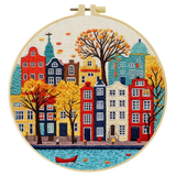 Colorful Cityscape Embroidery Starter Kit – DIY European Street Sewing Art Set for Beginners