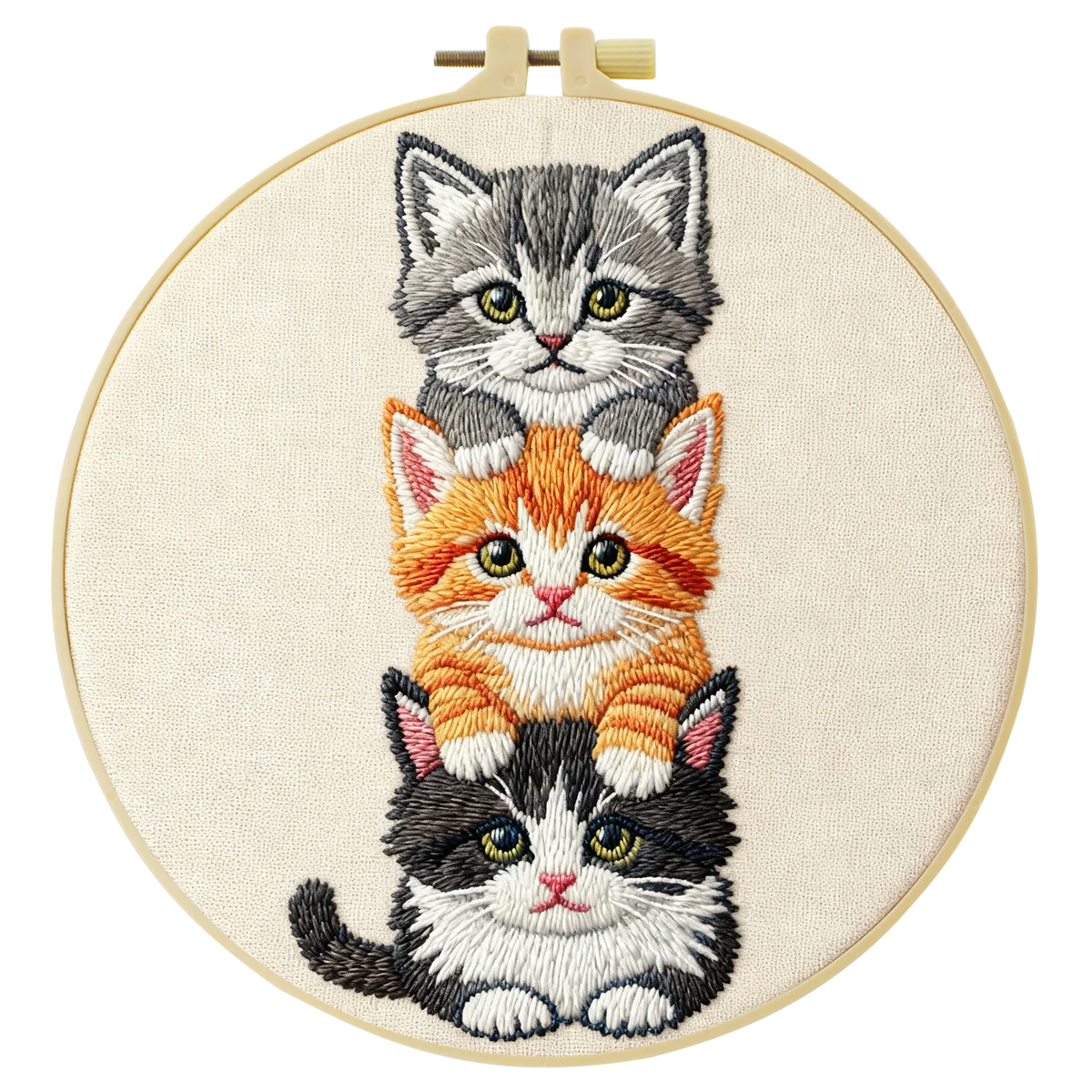 Stacked Kittens Embroidery Kit – Cute Cat Trio Needlepoint Pattern with Playful Kitten Faces for Cat Lover Decor