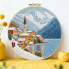 Snowy Mountain Village Embroidery Kit – Winter Alpine Landscape DIY Sewing Craft, Scenic Lake Hoop Wall Art Kits For Stitchers