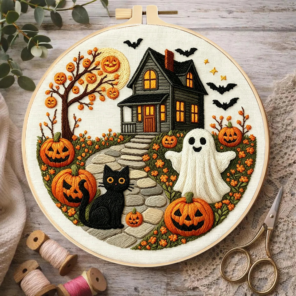 Haunted Halloween Cottage Embroidery Kit