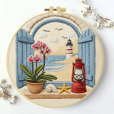 Coastal Lighthouse Embroidery Kit for Beginners – DIY Beach Hand Embroidery Hoop Set