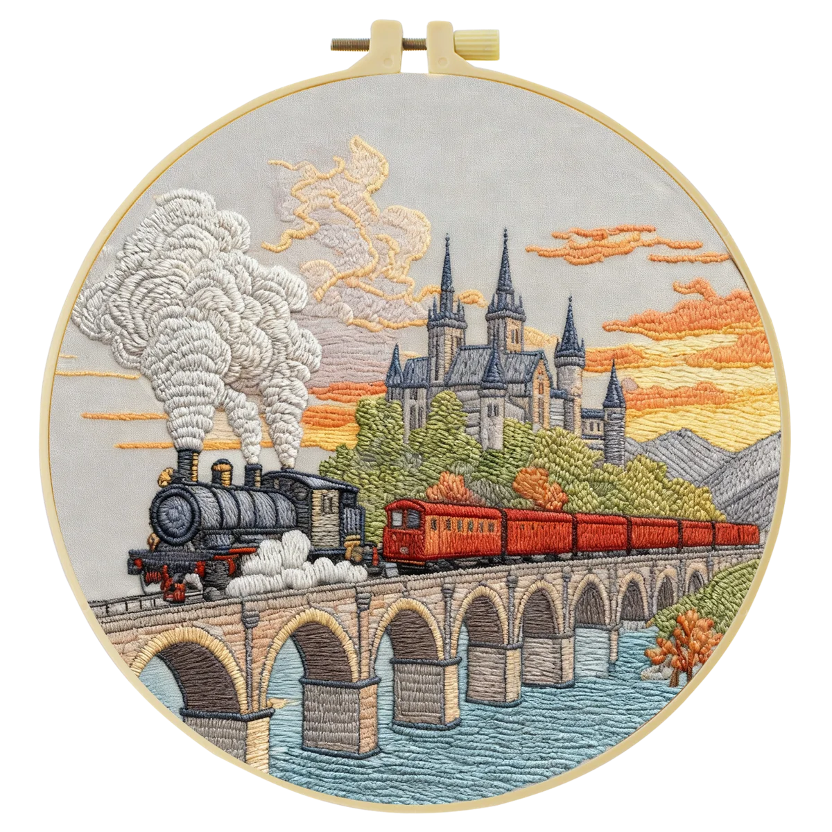 Vintage Steam Train Embroidery Starter Kit – DIY Scenic Landscape Sewing Art Set for Beginners
