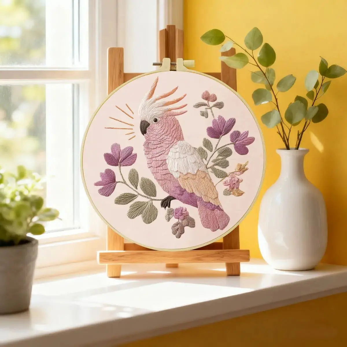 Pink Cockatoo Embroidery Kit – Floral Galah Parrot DIY Hand Embroidery Hoop Art Set Kits For Stitchers