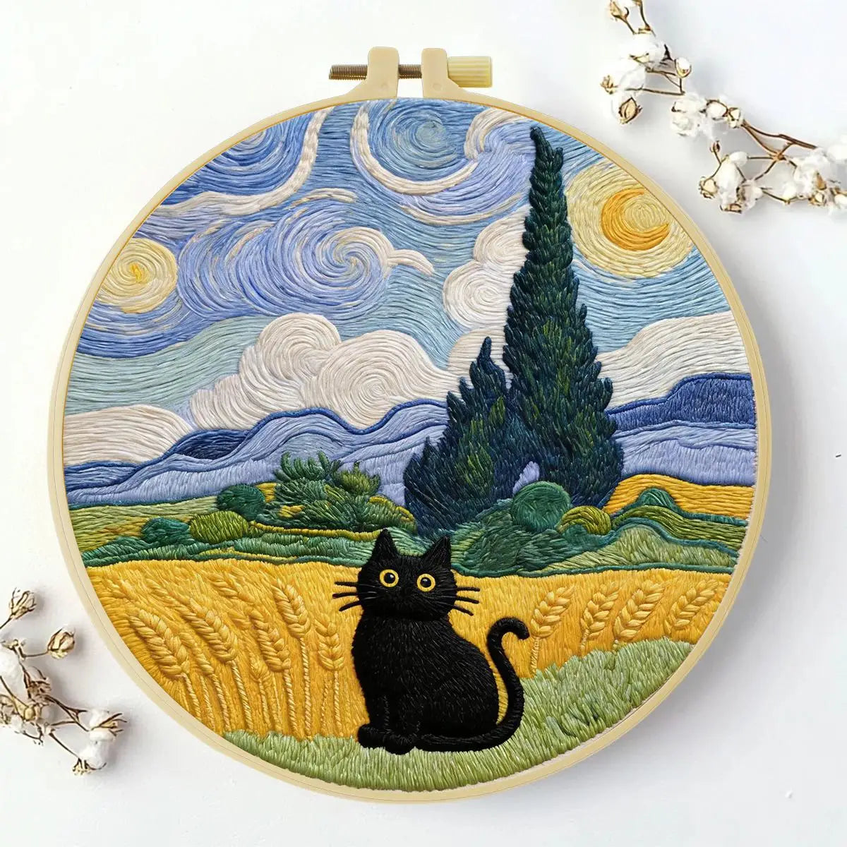 Starry Night Black Cat Embroidery Kit – Van Gogh Inspired DIY Hand Embroidery Hoop Art Set