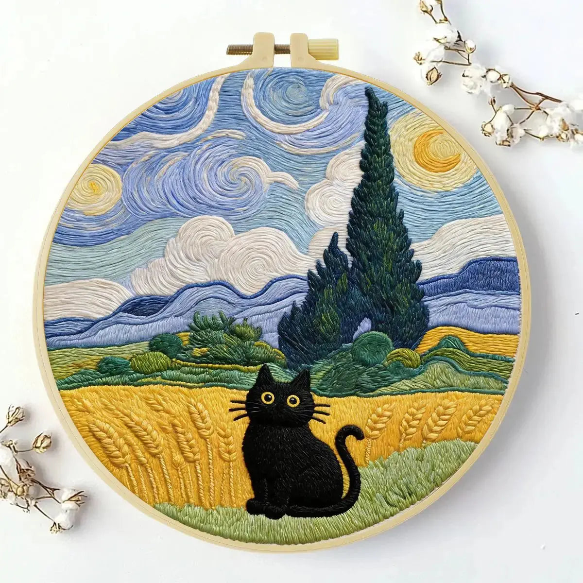 Starry Night Black Cat Embroidery Kit – Van Gogh Inspired DIY Hand Embroidery Hoop Art Set Kits For Stitchers