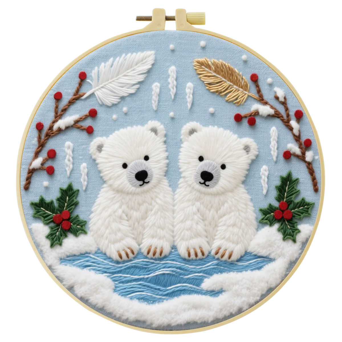 Handmade Polar Bear Cub Embroidery Hoop Wall Art – Winter Nursery Animal Fiber Decor
