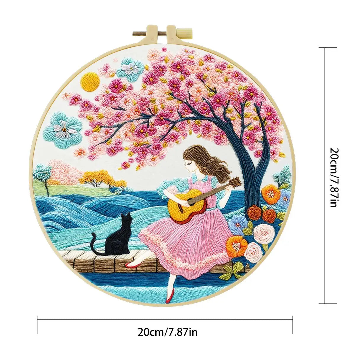 Girl Playing Guitar Embroidery Kit – Romantic Floral DIY Hand Embroidery Hoop Art Set