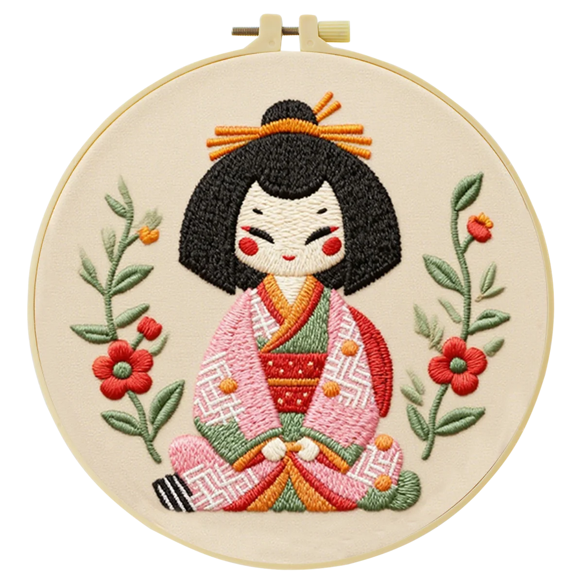 Cute Japanese Doll Embroidery Starter Kit DIY – Beginner Kawaii Hand Embroidery Kit with Floral Design
