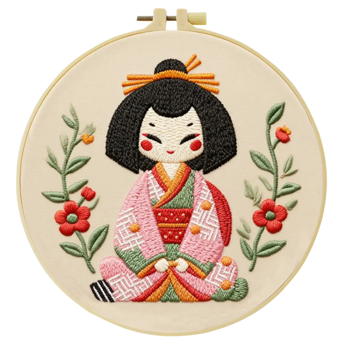 Cute Japanese Doll Embroidery Starter Kit DIY – Beginner Kawaii Hand Embroidery Kit with Floral Design Kits For Stitchers