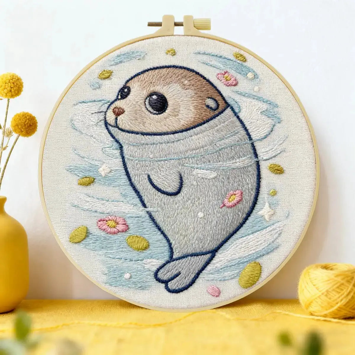 Cute Baby Seal Embroidery Kit – Kawaii Ocean Animal DIY Hand Embroidery Set Kits For Stitchers