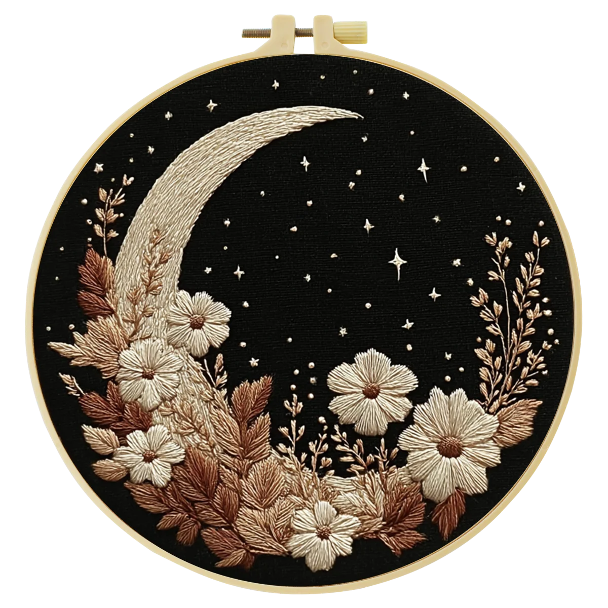 Moon & Floral Night Embroidery Starter Kit – DIY Celestial Sewing Art Set for Beginners