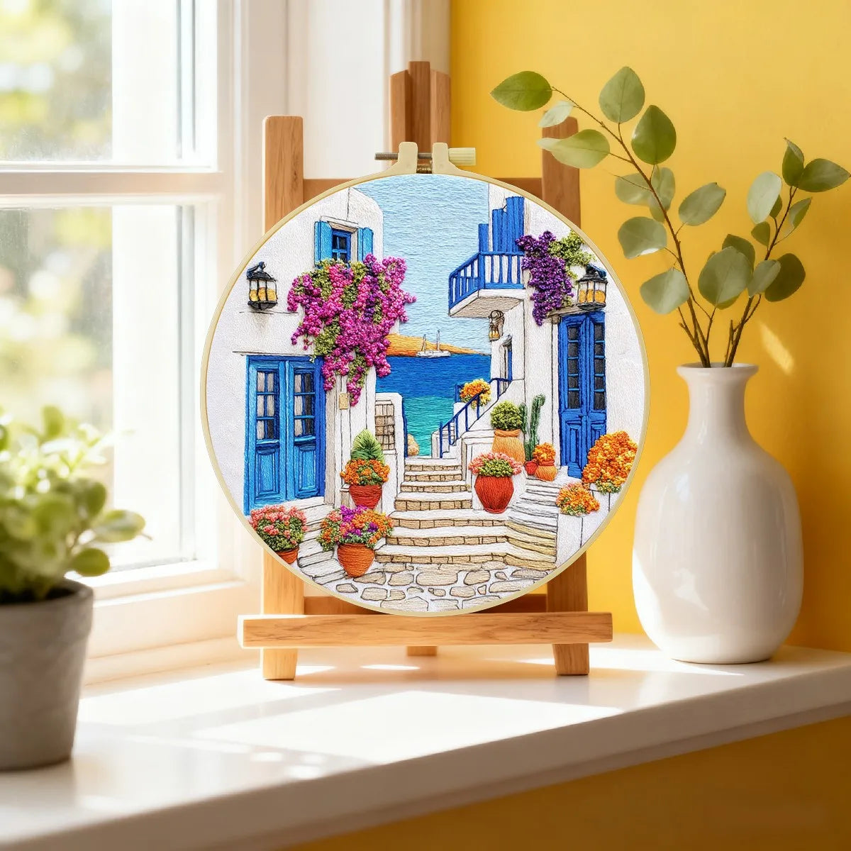 Greek Island Alley Embroidery Kit – Mediterranean Coastal Street DIY Needlepoint Hoop Art Santorini Inspired Home Decor Craft Gift