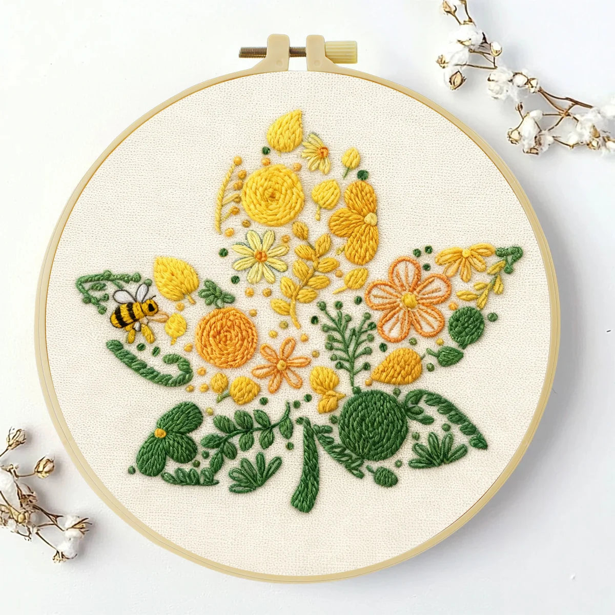 Yellow Floral Embroidery Kit with Bee – Modern Flower DIY Hand Embroidery Hoop Art, Botanical Wall Decor Craft