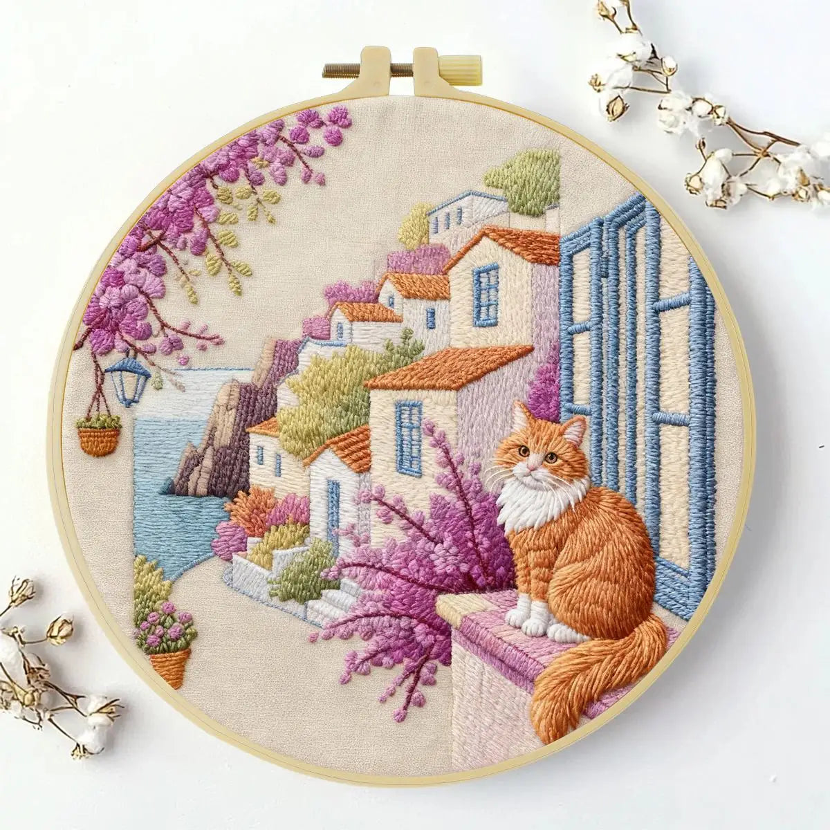 Mediterranean Cat Village Embroidery Kit – Scenic Coastal DIY Hand Embroidery Hoop Art Set