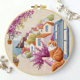 Mediterranean Cat Village Embroidery Kit – Scenic Coastal DIY Hand Embroidery Hoop Art Set