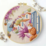 Mediterranean Cat Village Embroidery Kit – Scenic Coastal DIY Hand Embroidery Hoop Art Set Kits For Stitchers