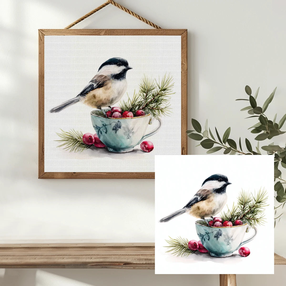 Chickadee & Cranberries Teacup Cross Stitch Kit 🐦🍒☕🌲✨