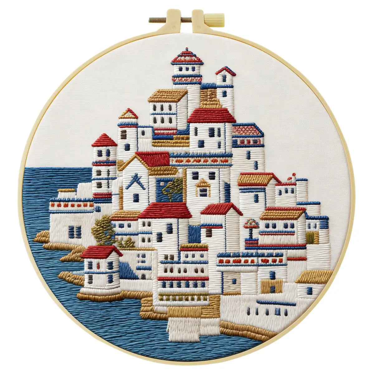 Mediterranean Seaside Village Embroidery Kit – Coastal Greek Town DIY Needlepoint Hoop Art Nautical Travel Decor Craft Gift for Adults