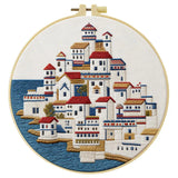 Mediterranean Seaside Village Embroidery Kit – Coastal Greek Town DIY Needlepoint Hoop Art Nautical Travel Decor Craft Gift for Adults