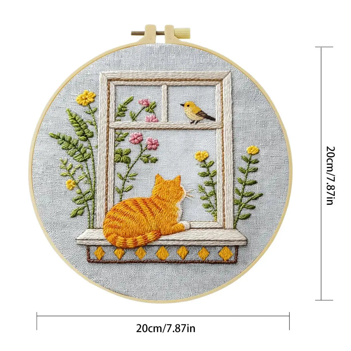 Window Cat Embroidery Kit – Cozy Birdwatching Kitty DIY Hand Embroidery Hoop Art Set Kits For Stitchers
