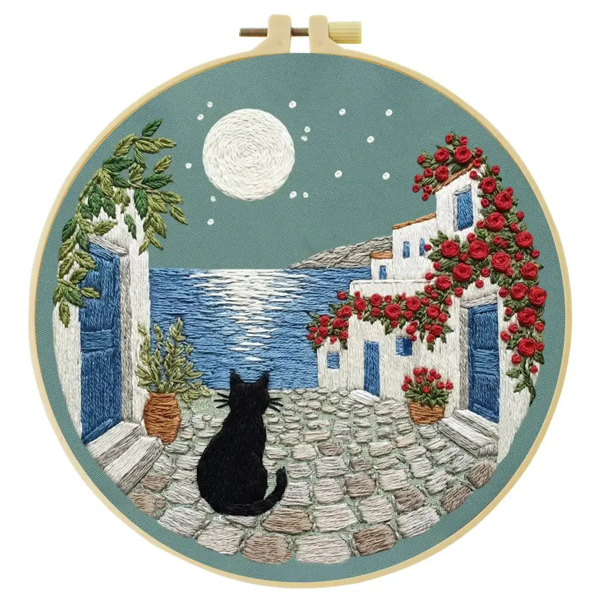 Moonlit Coastal Cat Embroidery Kit 🌙🐈� Kits For Stitchers