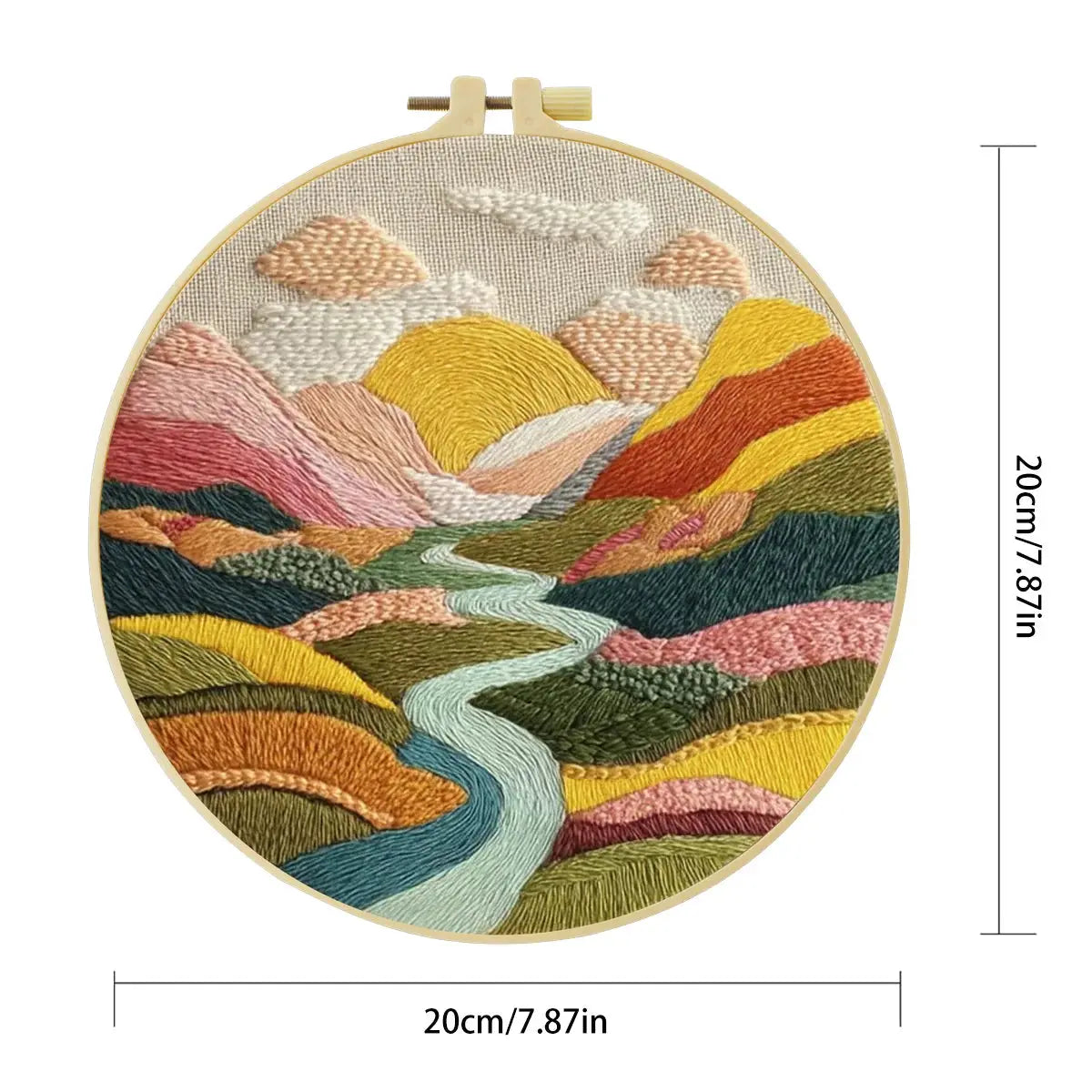 Colorful Mountain Landscape Embroidery Kit – Modern Sunset Valley DIY Hand Stitch Art with Hoop & Threads 🌄🧵 The Stichers Heavane