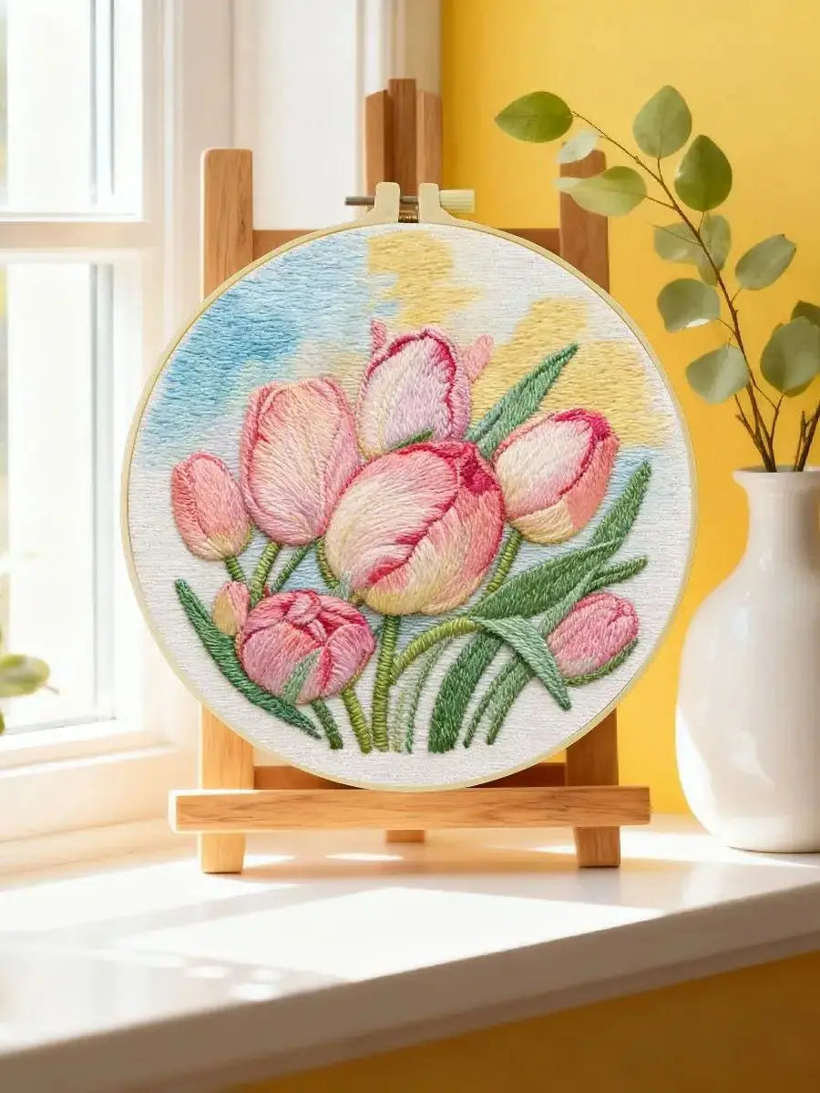 Pink Tulip Flower Embroidery Kit – DIY Floral Hoop Art for Beginners & Garden Lovers