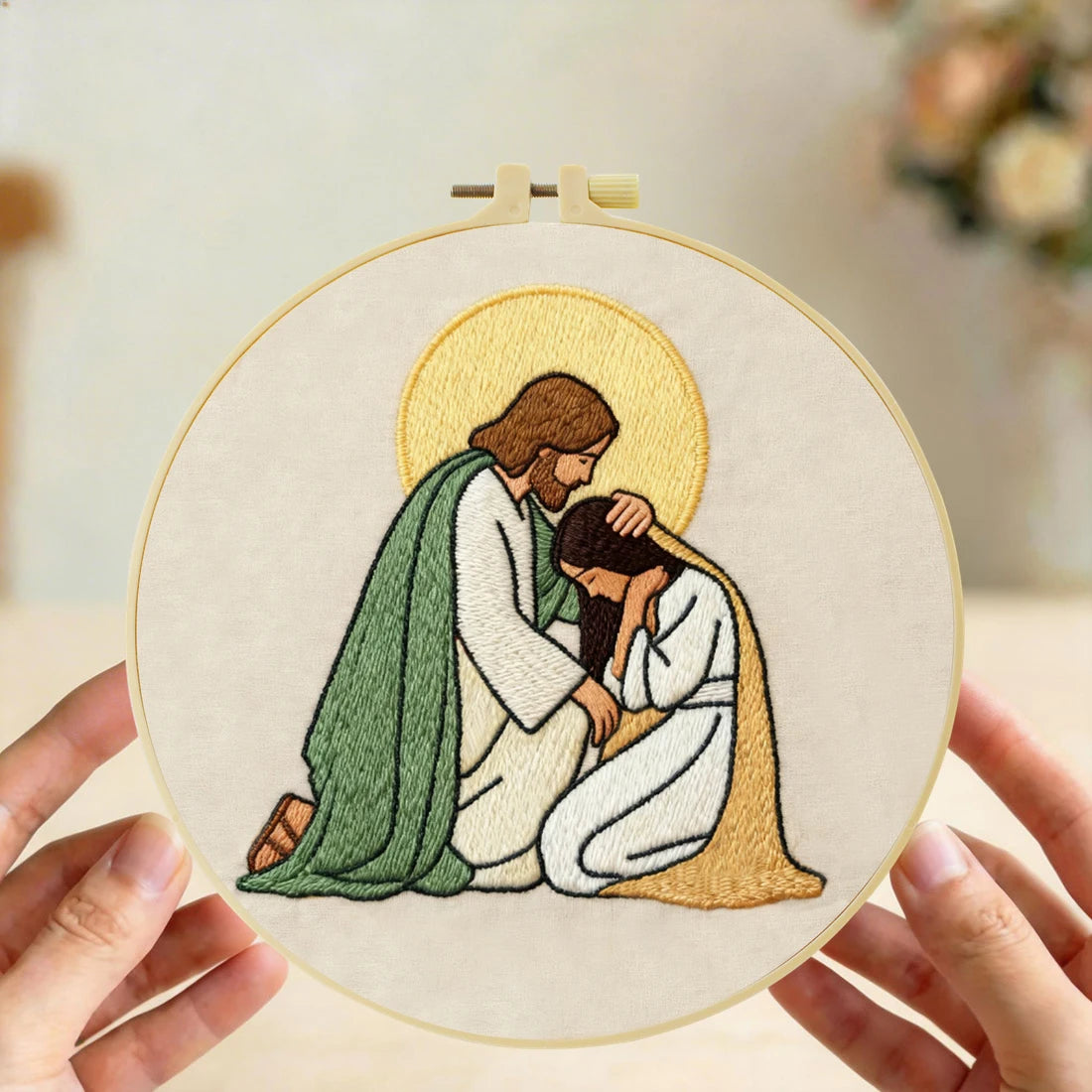 Jesus Comforting Woman Embroidery Kit – Christian Faith DIY Hand Embroidery Hoop Art Set