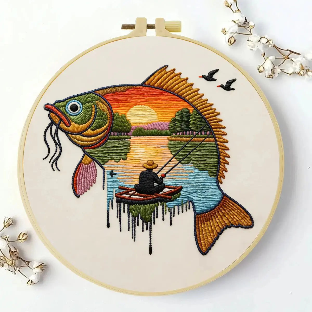 Sunset Fisherman Fish Embroidery Kit Kits For Stitchers