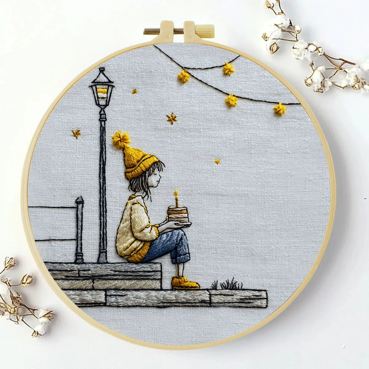 Cozy Birthday Girl Embroidery Kit – Whimsical Candle Cake Needlepoint Pattern with Fairy Lights & Minimalist Aesthetic