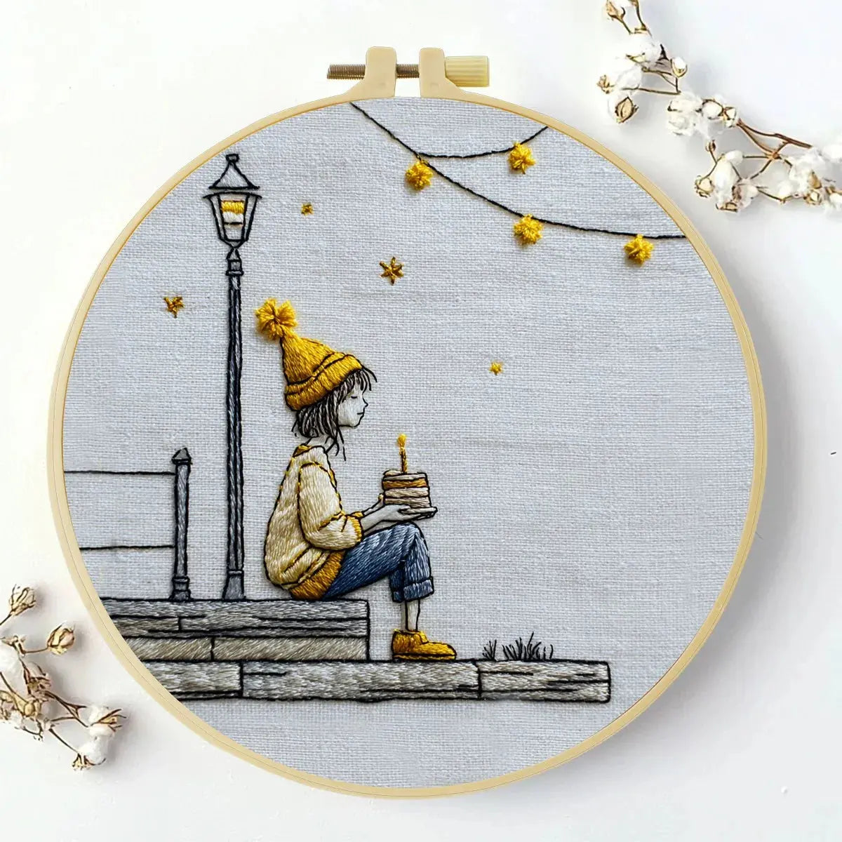 Cozy Birthday Girl Embroidery Kit – Whimsical Candle Cake Needlepoint Pattern with Fairy Lights & Minimalist Aesthetic Kits For Stitchers
