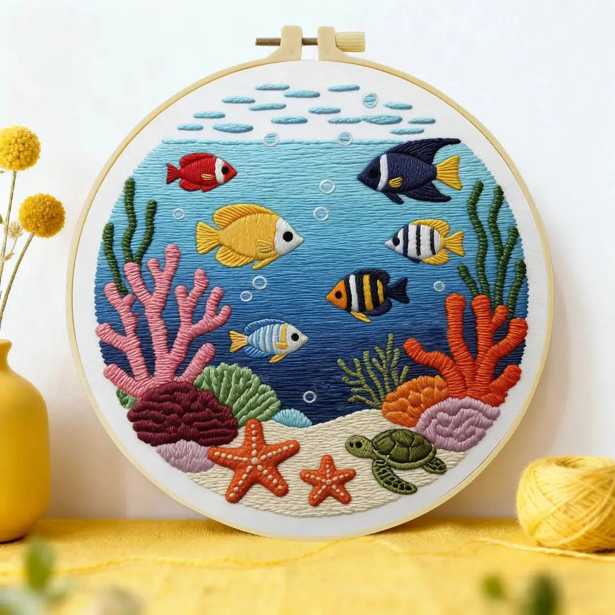 Ocean Life Embroidery Kit – Tropical Fish & Sea Turtle DIY Hand Embroidery Hoop Art Set Kits For Stitchers