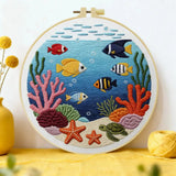 Ocean Life Embroidery Kit – Tropical Fish & Sea Turtle DIY Hand Embroidery Hoop Art Set Kits For Stitchers