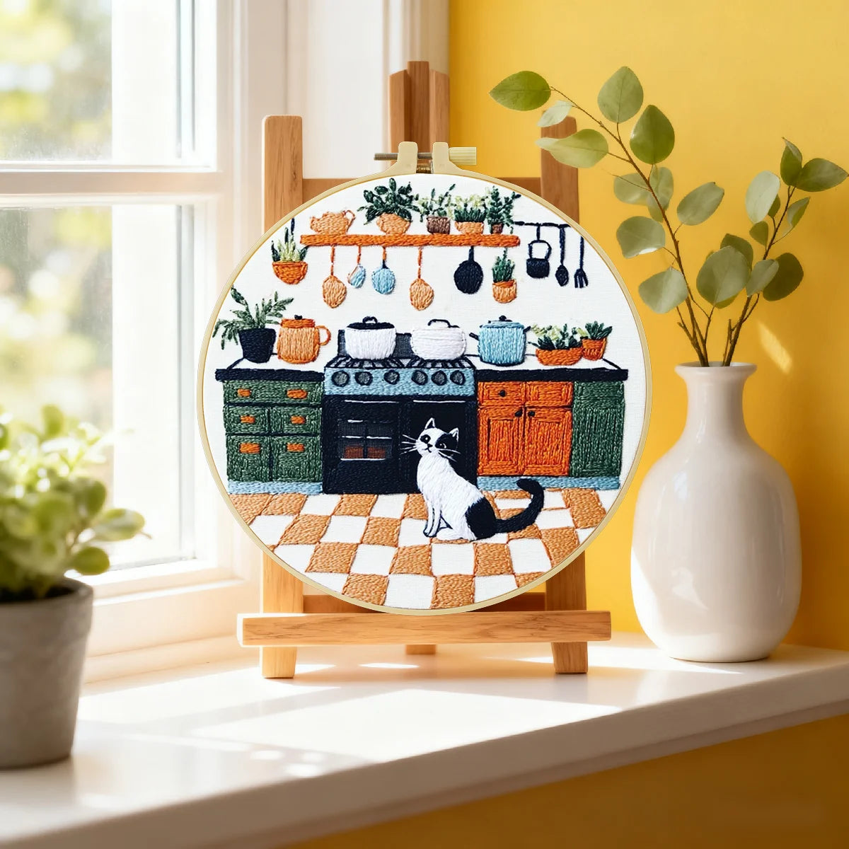 Cozy Kitchen Cat Embroidery Kit – Cottage Style DIY Stitch Pattern