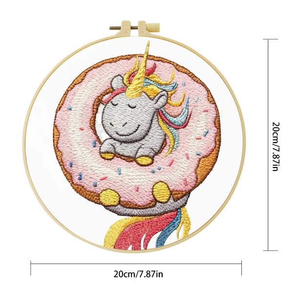 Unicorn Donut Embroidery DIY Kit – Cute Kawaii Beginner Stitching Kit with Hoop, Pattern & Threads