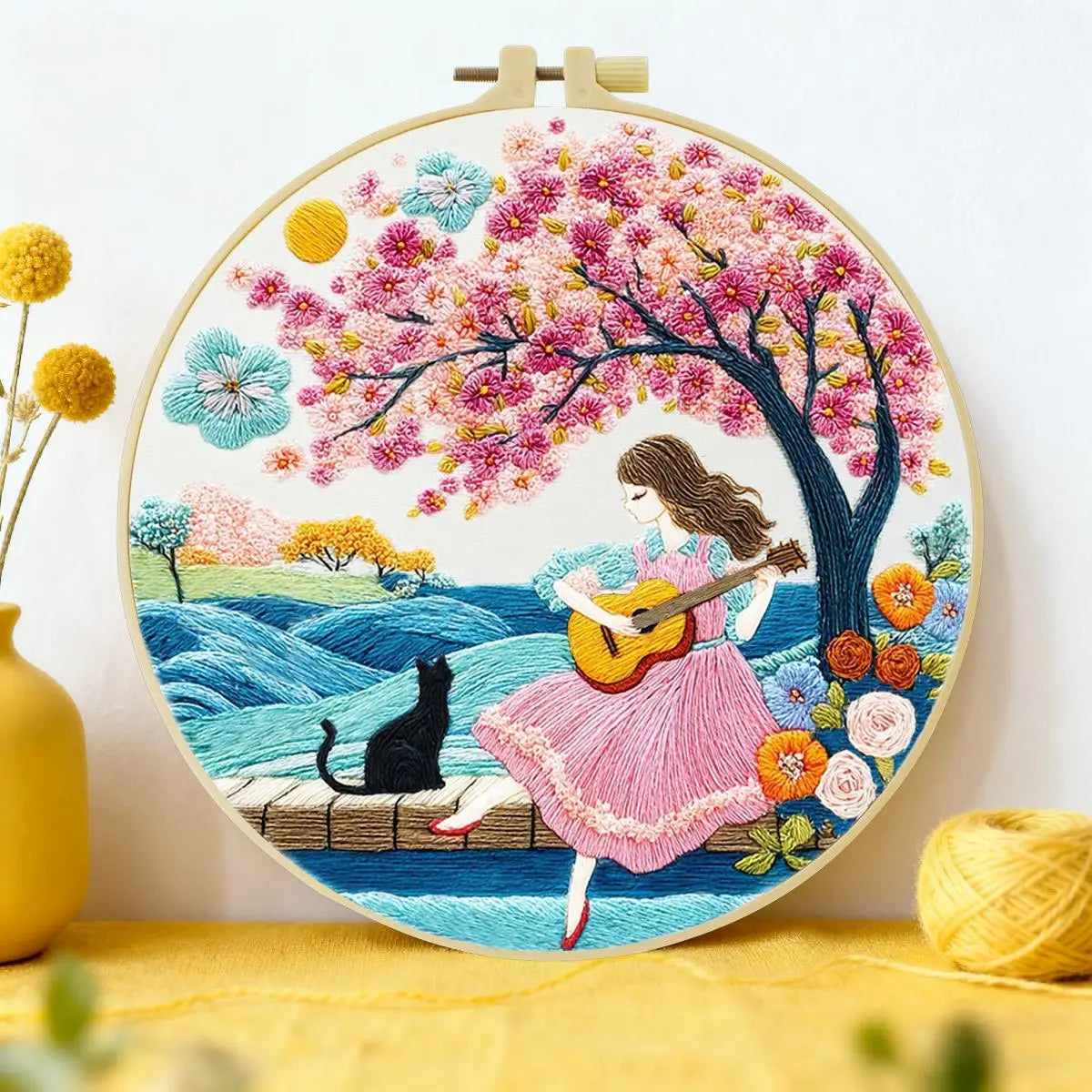 Girl Playing Guitar Embroidery Kit – Romantic Floral DIY Hand Embroidery Hoop Art Set