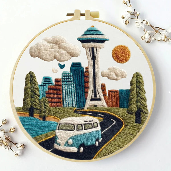 Seattle Skyline Embroidery Kit – Space Needle Cityscape DIY Hand Stitch Art with Hoop & Threads 🌲🧵🚐
