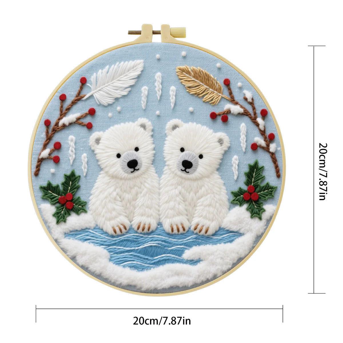 Handmade Polar Bear Cub Embroidery Hoop Wall Art – Winter Nursery Animal Fiber Decor