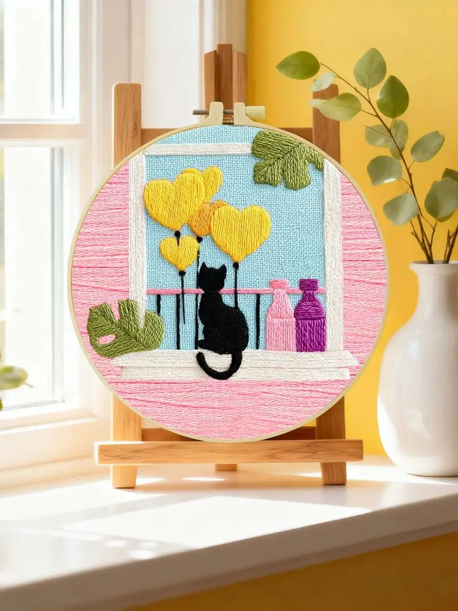 Black Cat & Heart Balloons Window Embroidery DIY Kit – Cute Home Decor Hand Stitching Craft with Hoop & Threads