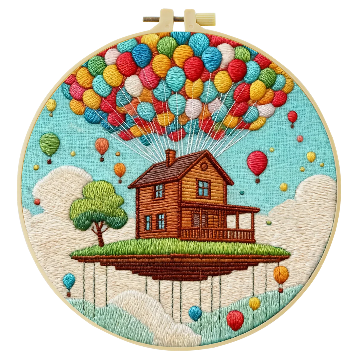 Floating House Balloon Embroidery Starter Kit – DIY Fantasy Landscape Sewing Art Set for Beginners