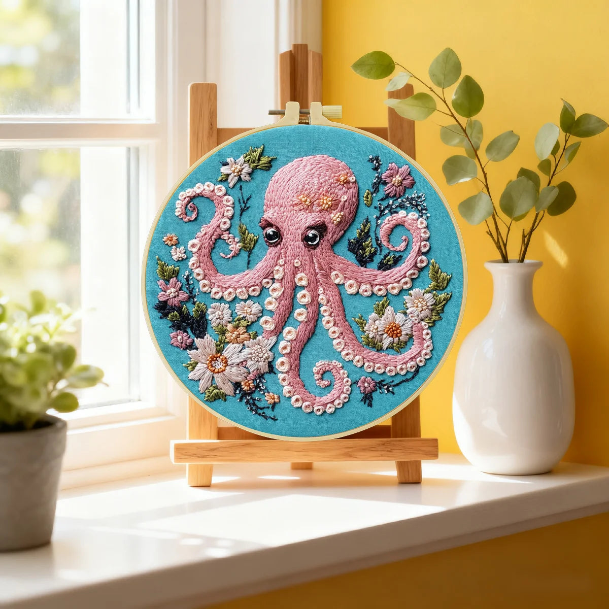 Floral Octopus Embroidery Kit – Whimsical Pink Octopus Needlepoint Pattern with Ocean-Inspired Botanical Details