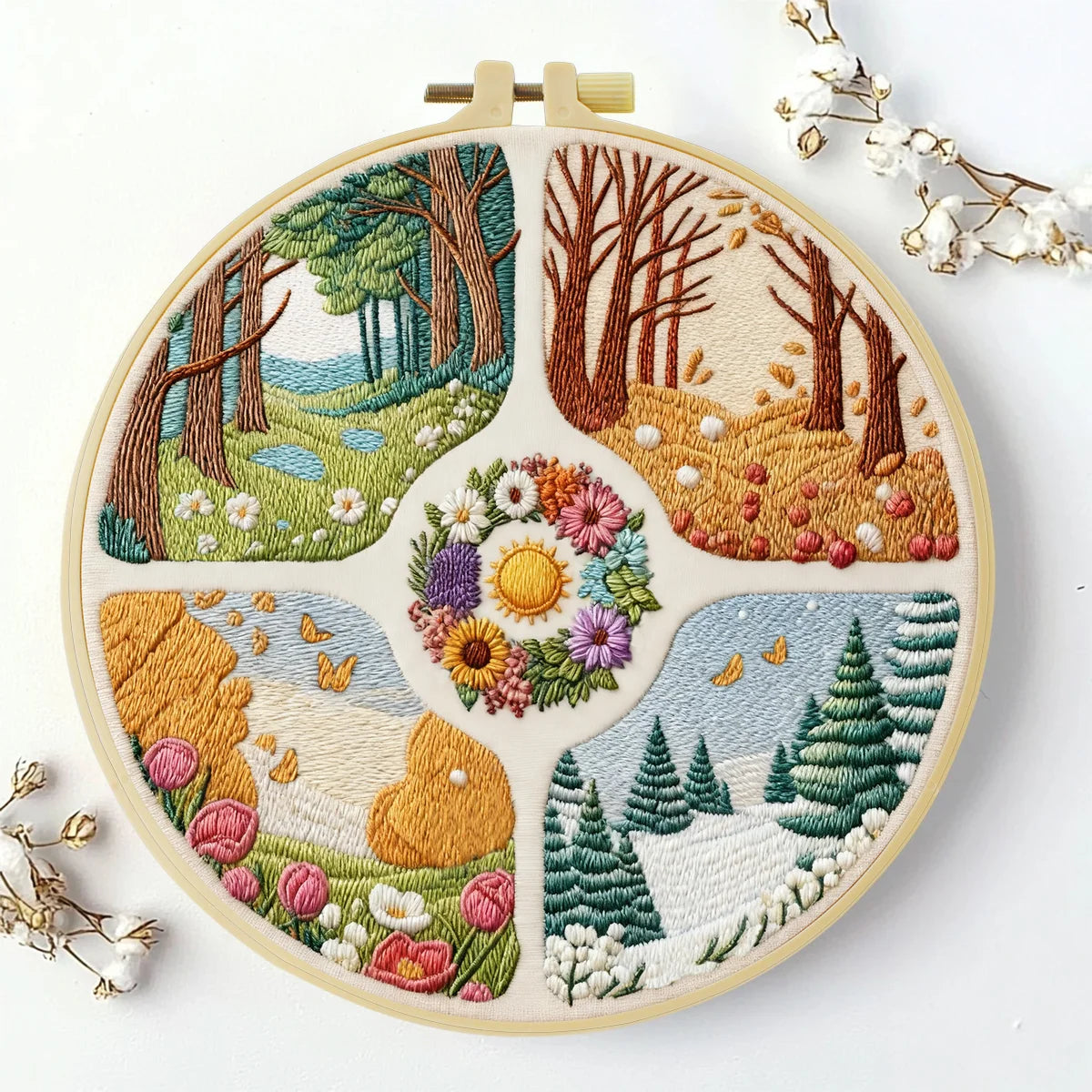 Four Seasons Landscape Embroidery Kit – Spring Summer Fall Winter DIY Sewing Craft, Nature Hoop Wall Art Decor