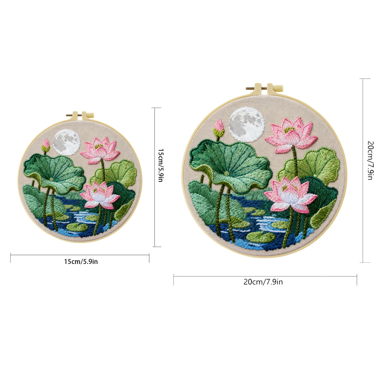 Lotus Pond Embroidery Kit – Pink Water Lily Needlepoint Pattern with Moonlit Nature Landscape & Zen Floral Wall Art Decor