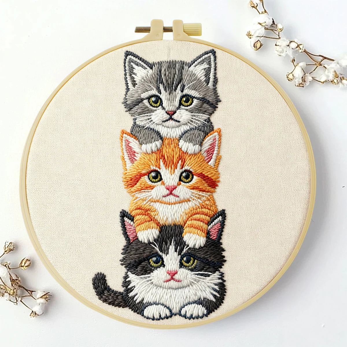 Stacked Kittens Embroidery Kit – Cute Cat Trio Needlepoint Pattern with Playful Kitten Faces for Cat Lover Decor