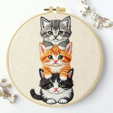 Stacked Kittens Embroidery Kit – Cute Cat Trio Needlepoint Pattern with Playful Kitten Faces for Cat Lover Decor