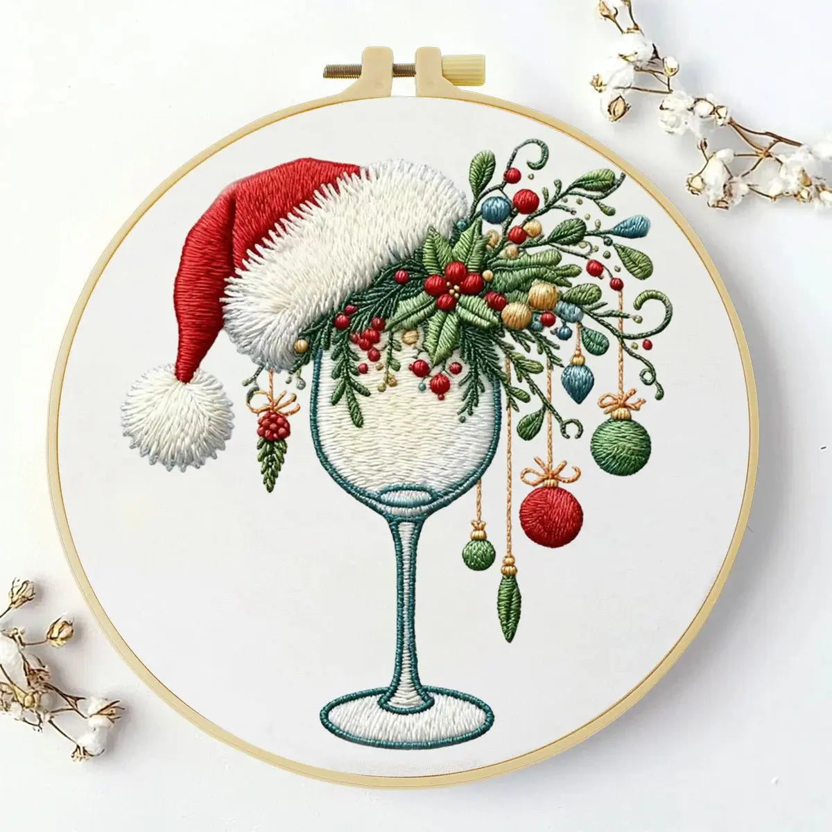 Christmas Wine Glass Embroidery DIY Kit – Festive Holiday Beginner Stitching Kit with Hoop, Pattern & Threads The Stichers Heavane