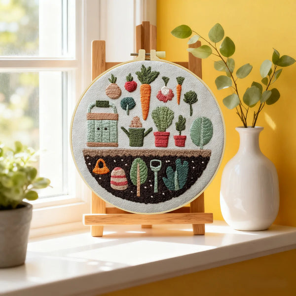 Hand-Embroidered Garden Wall Art – Vegetable & Plant Hoop Decor